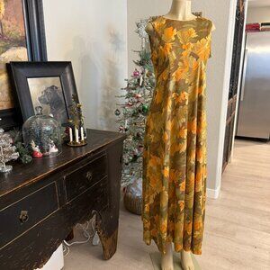vintage: custom made Dress fall foliage themed fabric sleeveless maxi